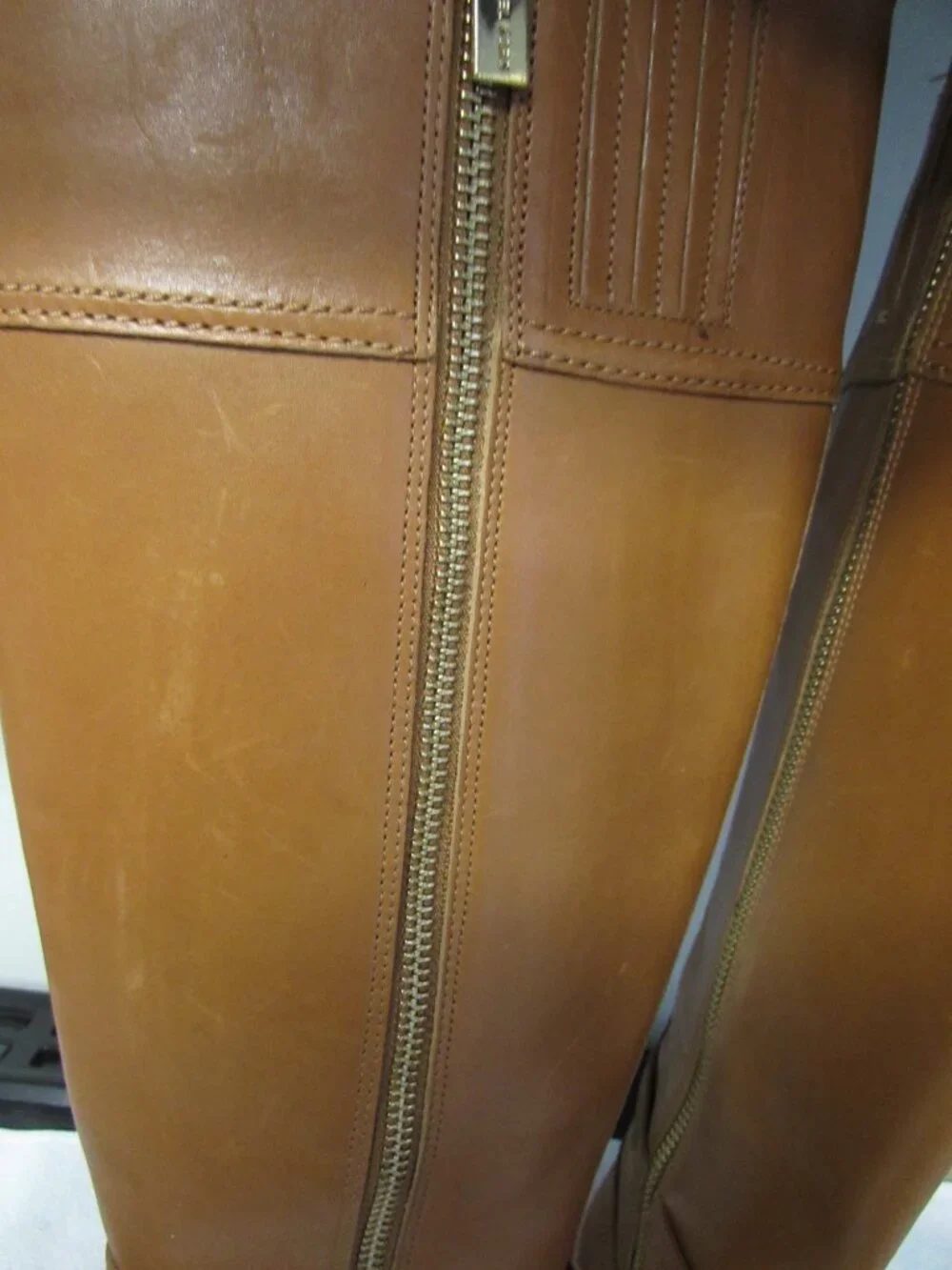 Michael Kors Hamilton Boots Tall Tan Brown Leather Logo Knee Zip 5.5 M